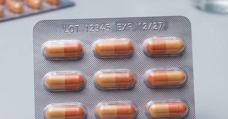 Embossed manufacturing batch number and expiration date on the lidding foil of a blister pack