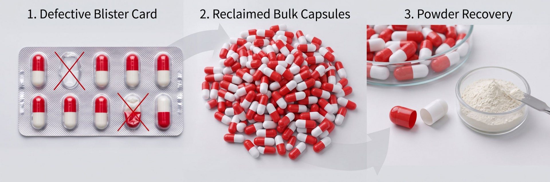 Infographic showing the product recovery process of a pharmaceutical deblistering machine: extracting capsules from defective blister cards and recovering API powder