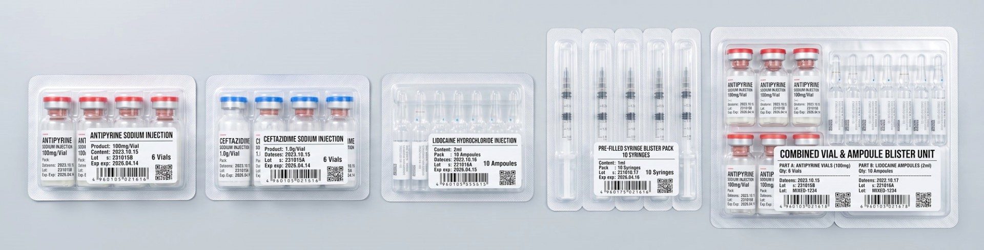 Pharmaceutical blister packs containing vials, ampoules, and syringes, including a complex combination medical kit pack